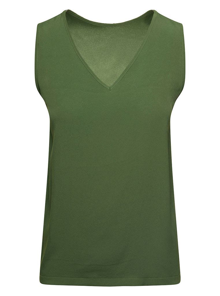 Green V-Neck Sleeveless Top In Silk Blend Woman