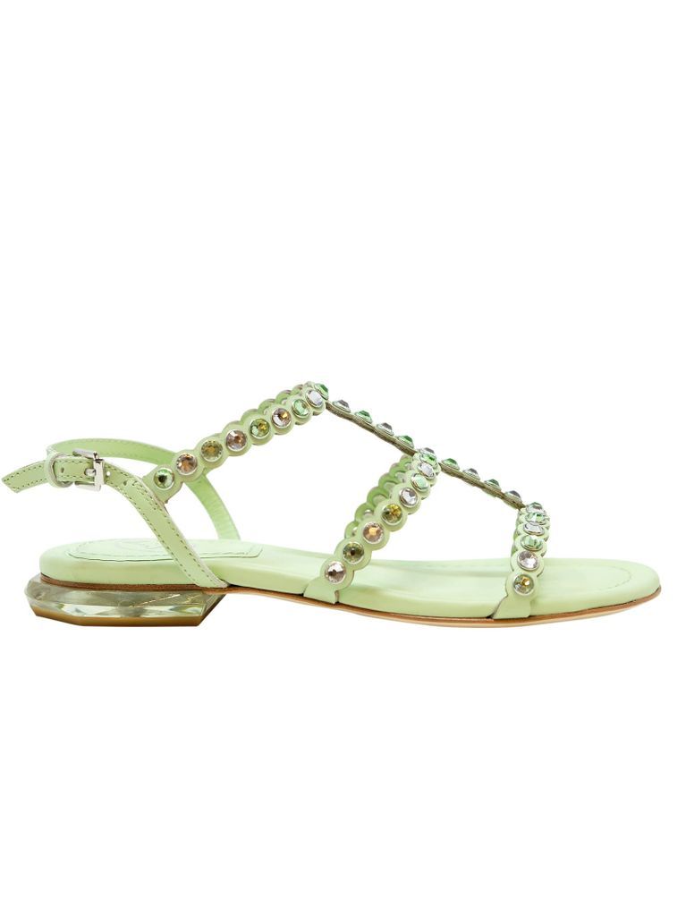 Green Leather Saphir Sandals With Crystals