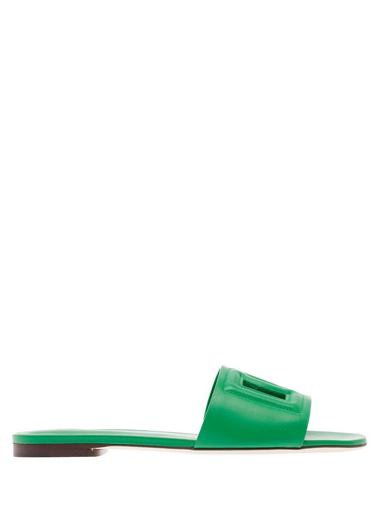 Green Sliders With Dg Logo Cut-Out In Leather Woman