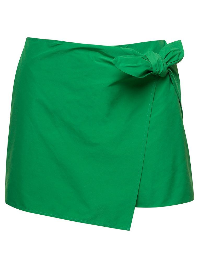 Green Wrap Shorts With Bow Detail In Stretch Popeline Woman