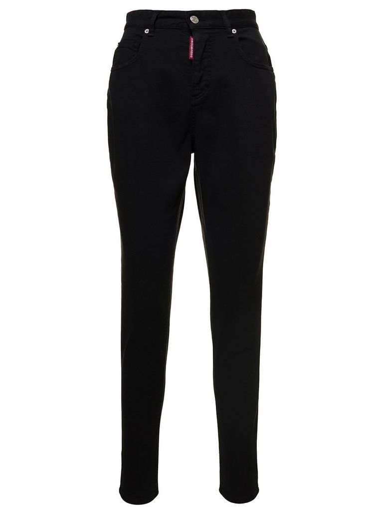 Honey Black High-Waisted Skinny Jeans With Logo Tag In Stretch Denim Woman