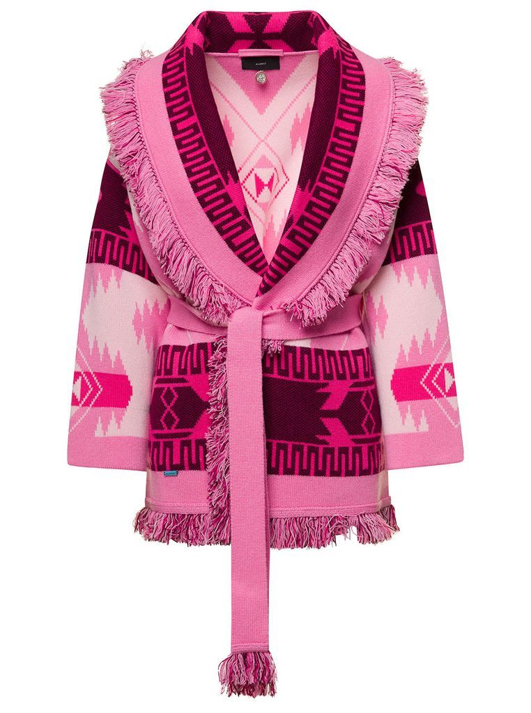 Icon Pink Jacquard Cardigan With Geometric Pattern In Cashmere Woman