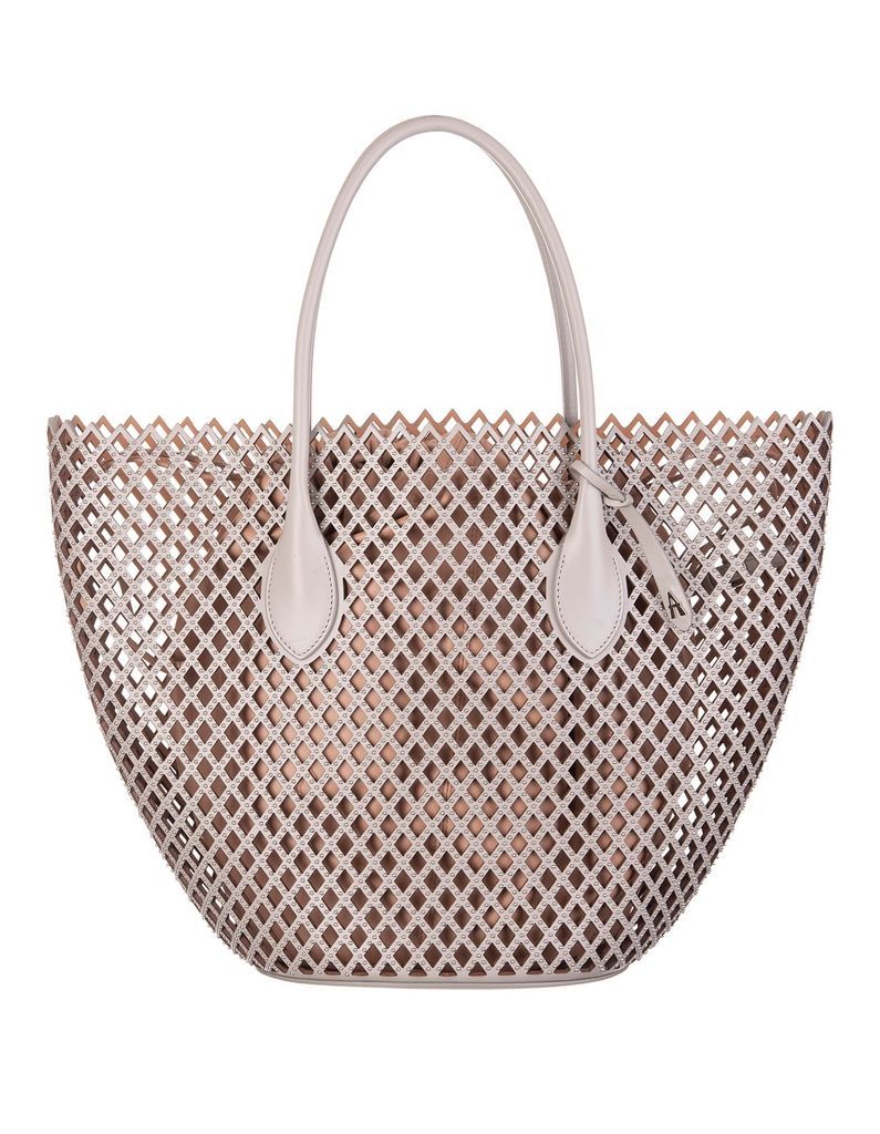 Large Perforated Pearl Grey Shopping Bag With All-Over Micro Studs