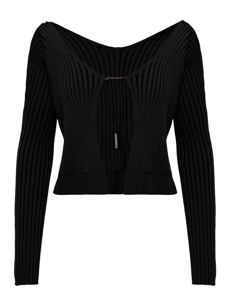 La Maille Pralu Longue Black Ribbed Cardigan With Logo Charm Woman Jacquemus
