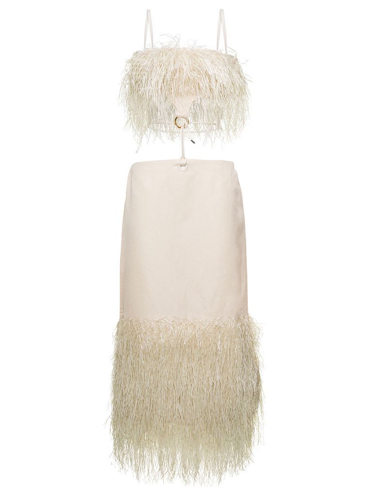 La Robe Raphia Midi Cream White Dress With Fringes And Cut-Out In Cotton Canvas Woman