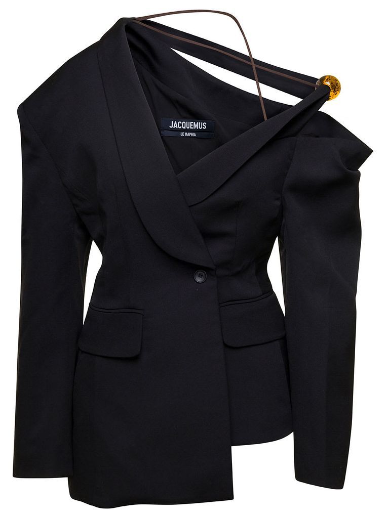 La Veste Baska Black Asymmetric Jacket With Bead In Wool Woman