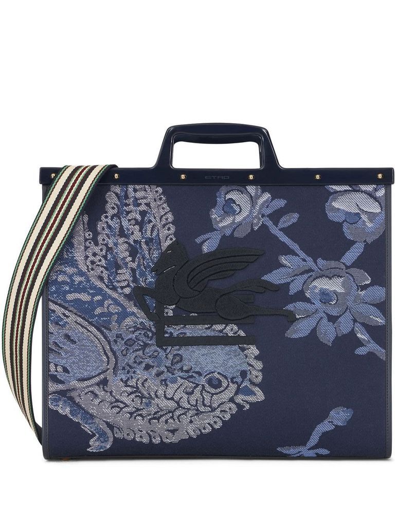 Large Love Trotter Bag In Navy Blue Jacquard With Birds