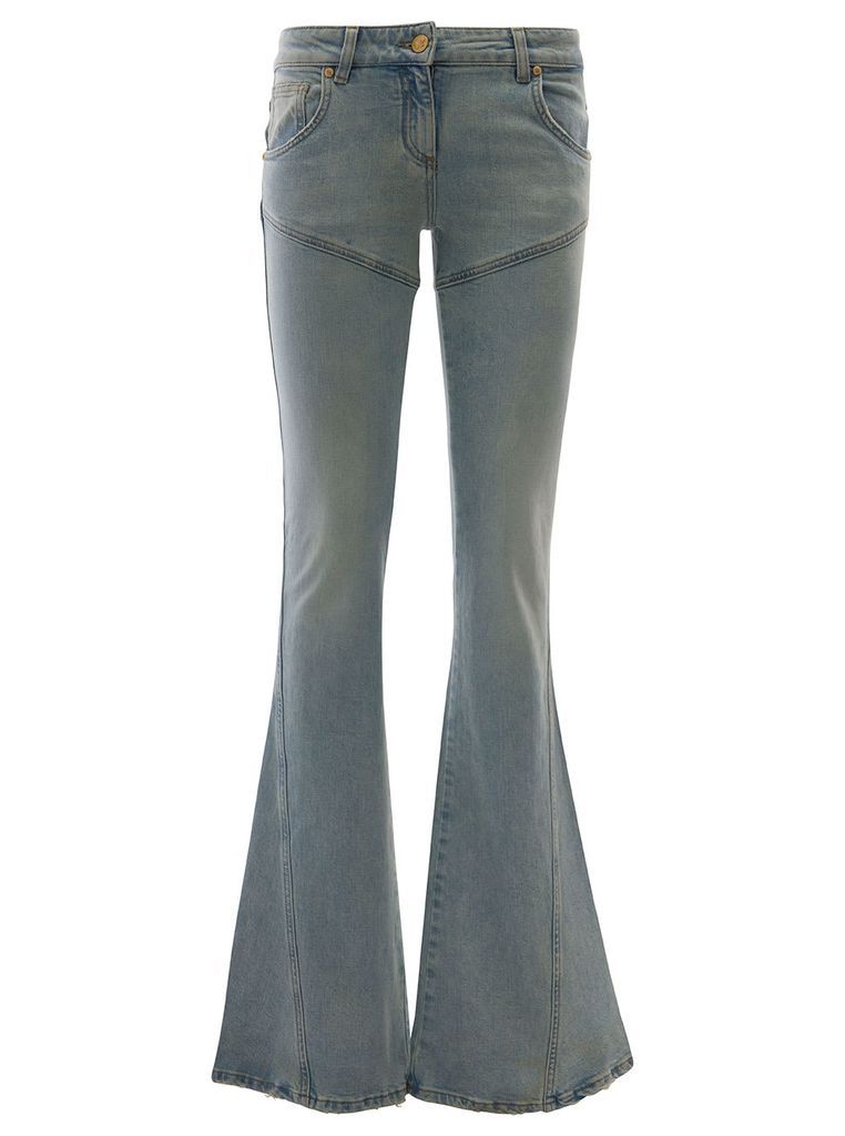 Light Blue Five-Pocket Style Jeans With Diagonal Stitching In Stretch Cotton Denim Woman