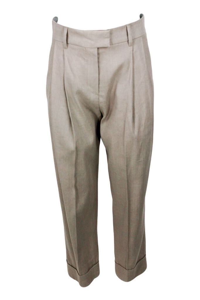 Linen And Cotton Trousers With High-Waisted Pleats With Turn-Ups At The Bottom