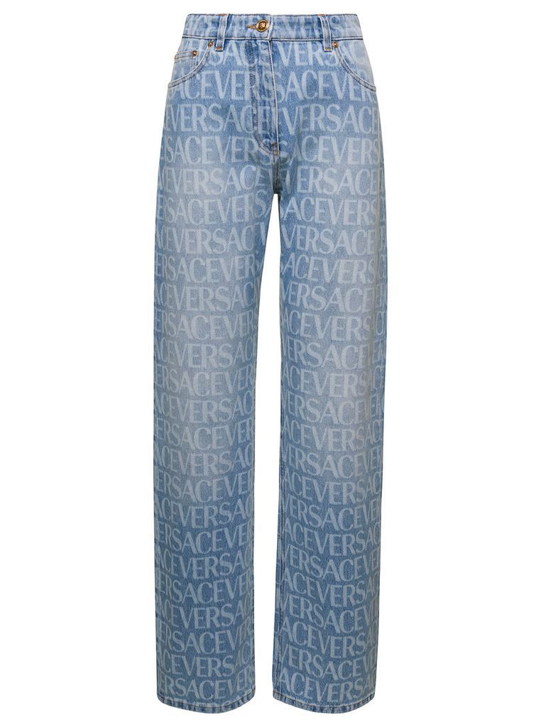 Light Blue Jeans With All-Over Logo Print In Cotton Denim Woman