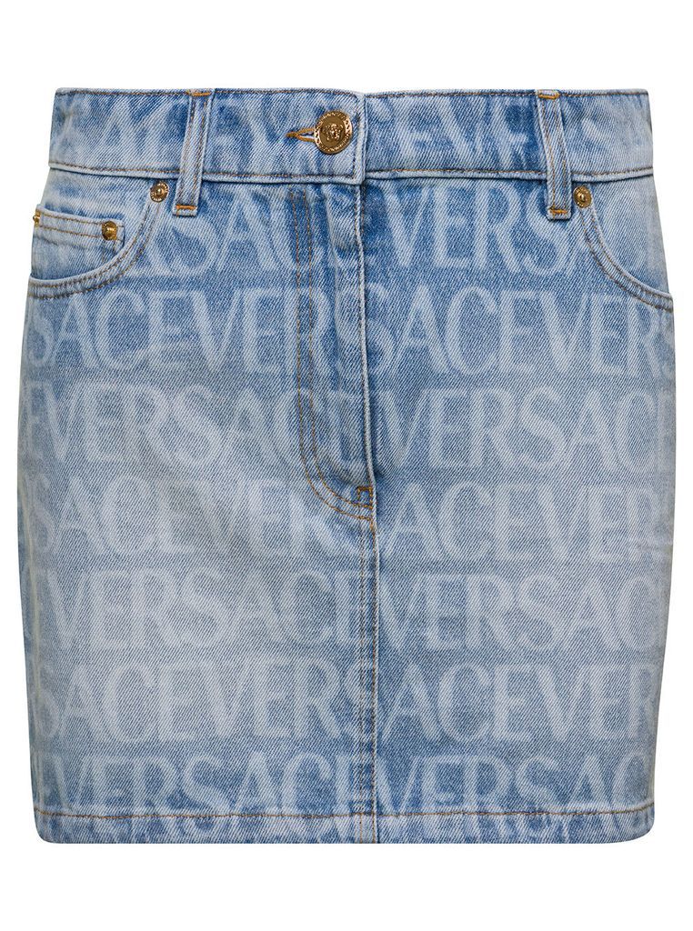 Light Blue Mini-Skirt With All-Over Logo Print In Cotton Denim Woman
