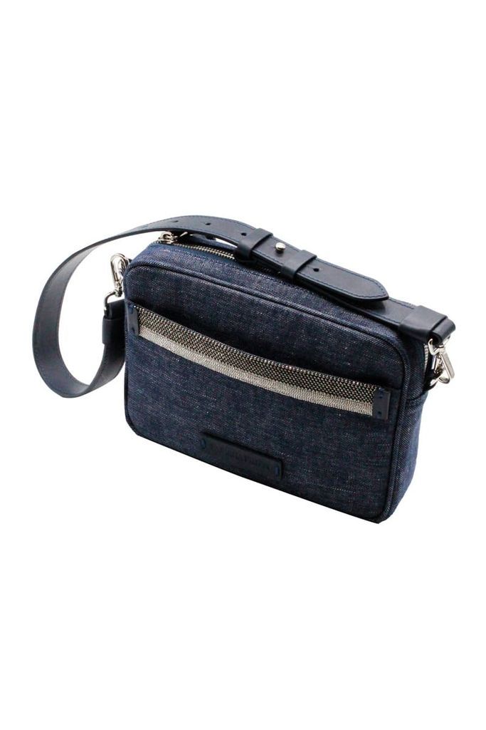 Linen And Denim Cotton Bag With Double Shoulder Strap, Zip Closure And Embellished With Rows Of Two-Tone Jewels