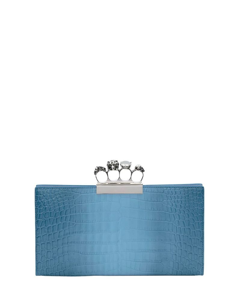 Light Blue Four-Ring Skull Flat Clutch With Crocodile Effect