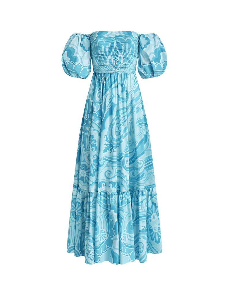 Light Blue Paisley Long Dress With Balloon Sleeves