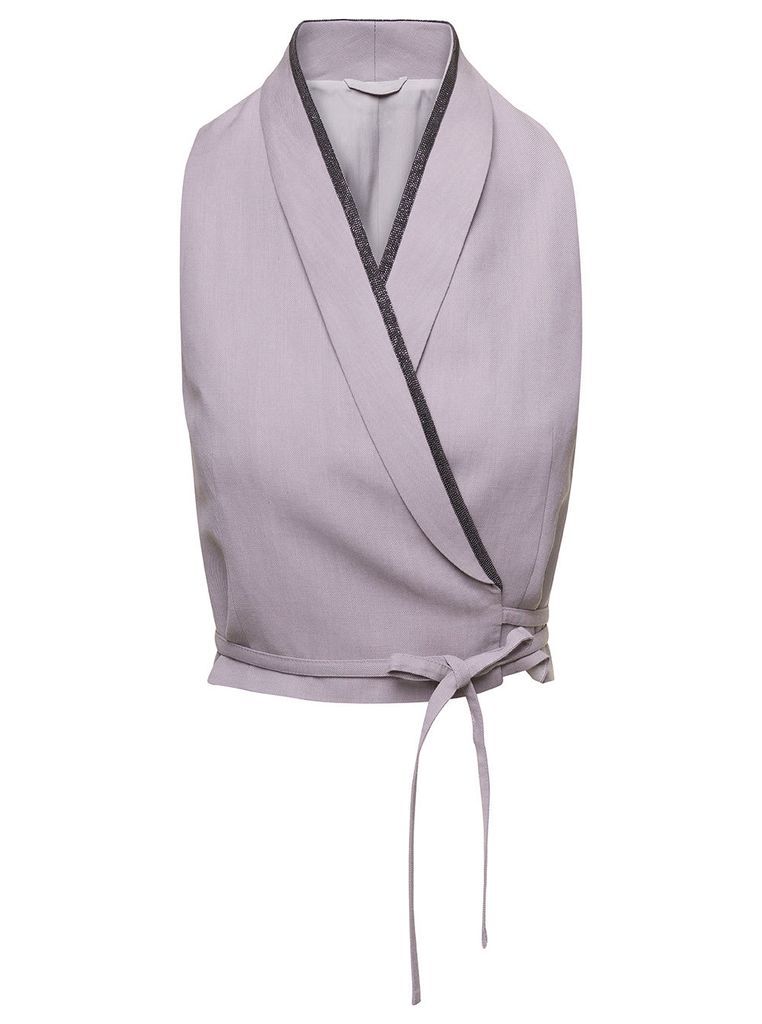 Lilac Cropped Gilet Jacket In Silk And Linen Blend Woman