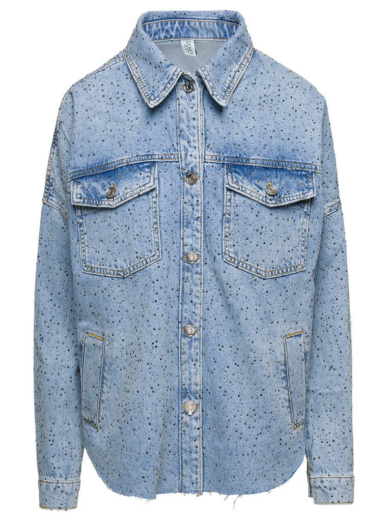 Lioght Blue Jacket With All-Over Rhinestone In Cotton Denim Woman