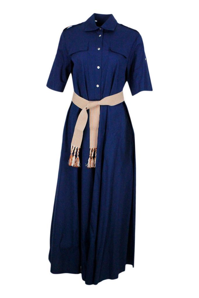 Long Short-Sleeved Dress In Stretch Cotton Embellished With A Fabric Belt At The Waist