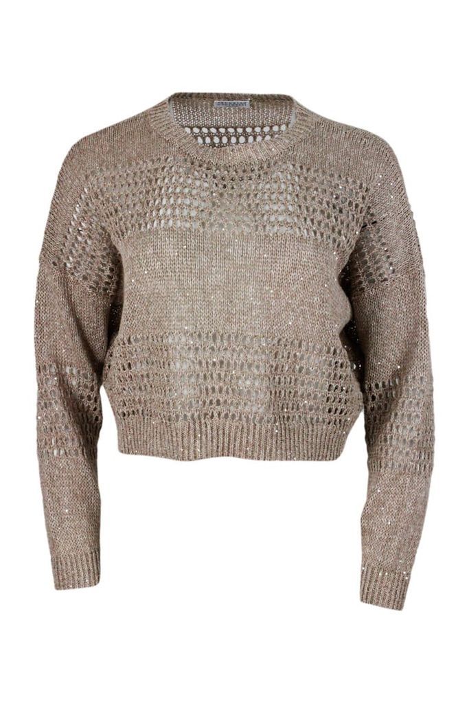 Long-Sleeved Crew-Neck Sweater In Linen With Mesh Work Embellished With Micro Sequins