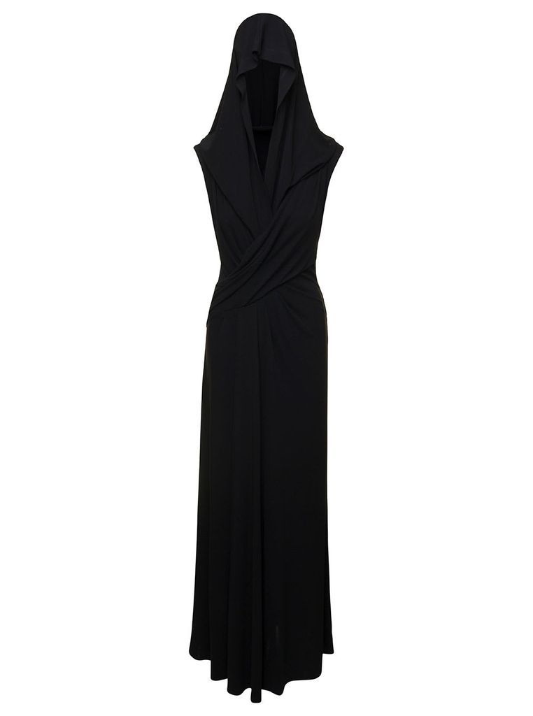 Long Black Sleeveless Hooded Dress In Jersey Woman