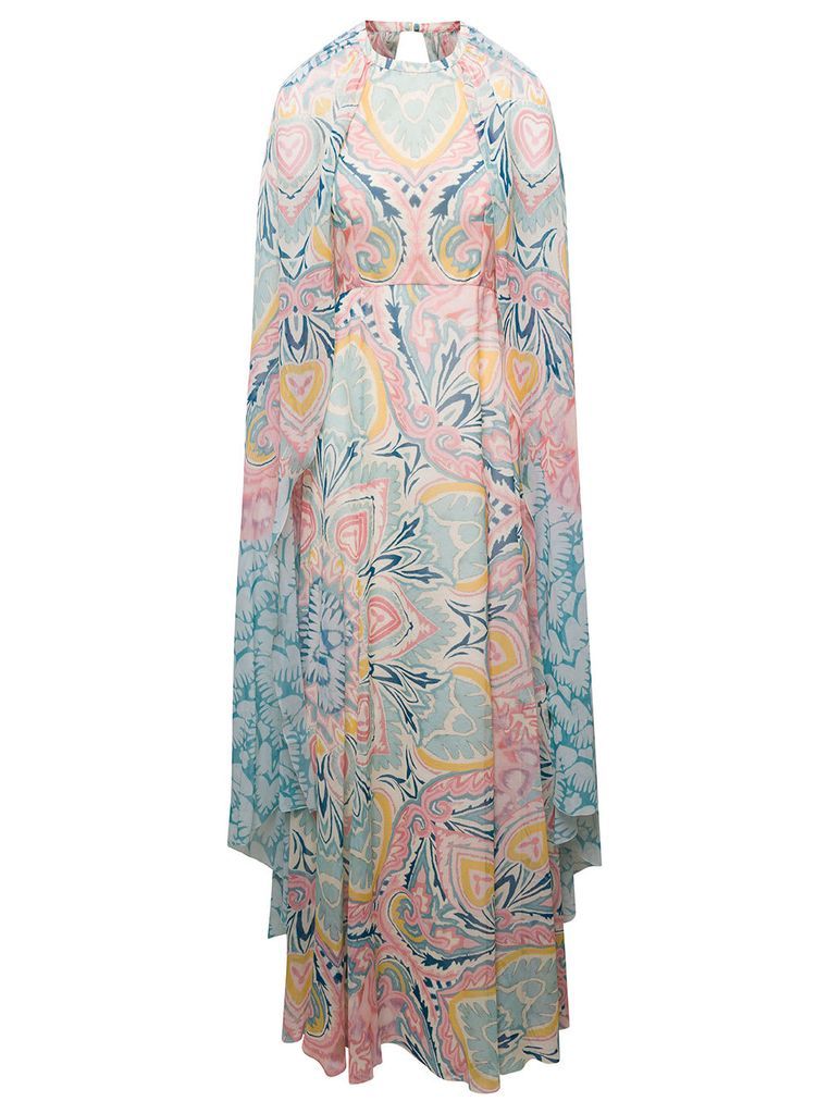 Long Dress With Floral Print All-Over With Drape Effect Shrug Multicolor In Silk Woman