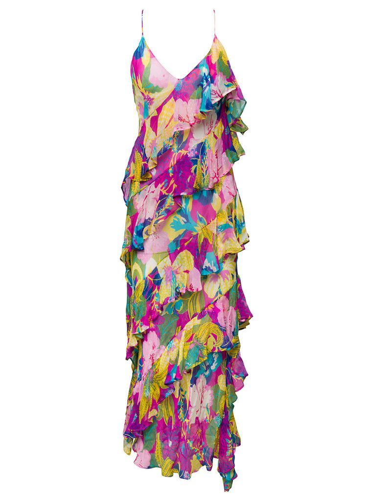 Long Dress With Frills Embellishment And Floreal Print In Viscose Woman