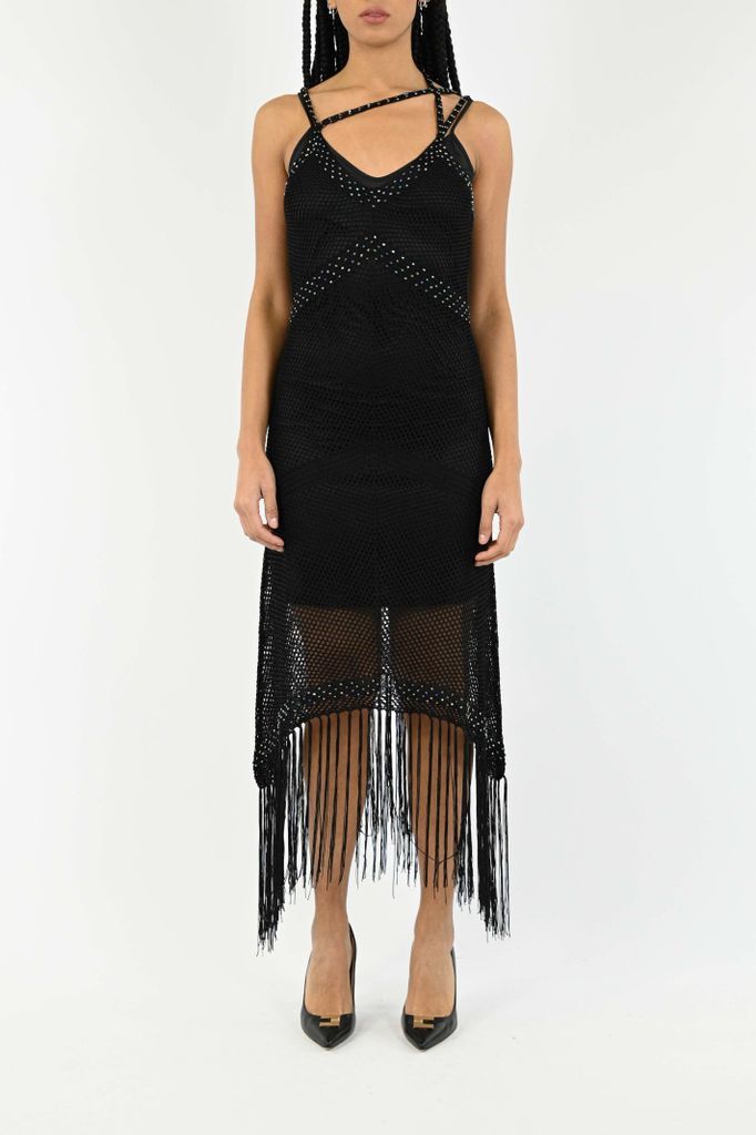 Long Mesh Dress With Beads And Fringes