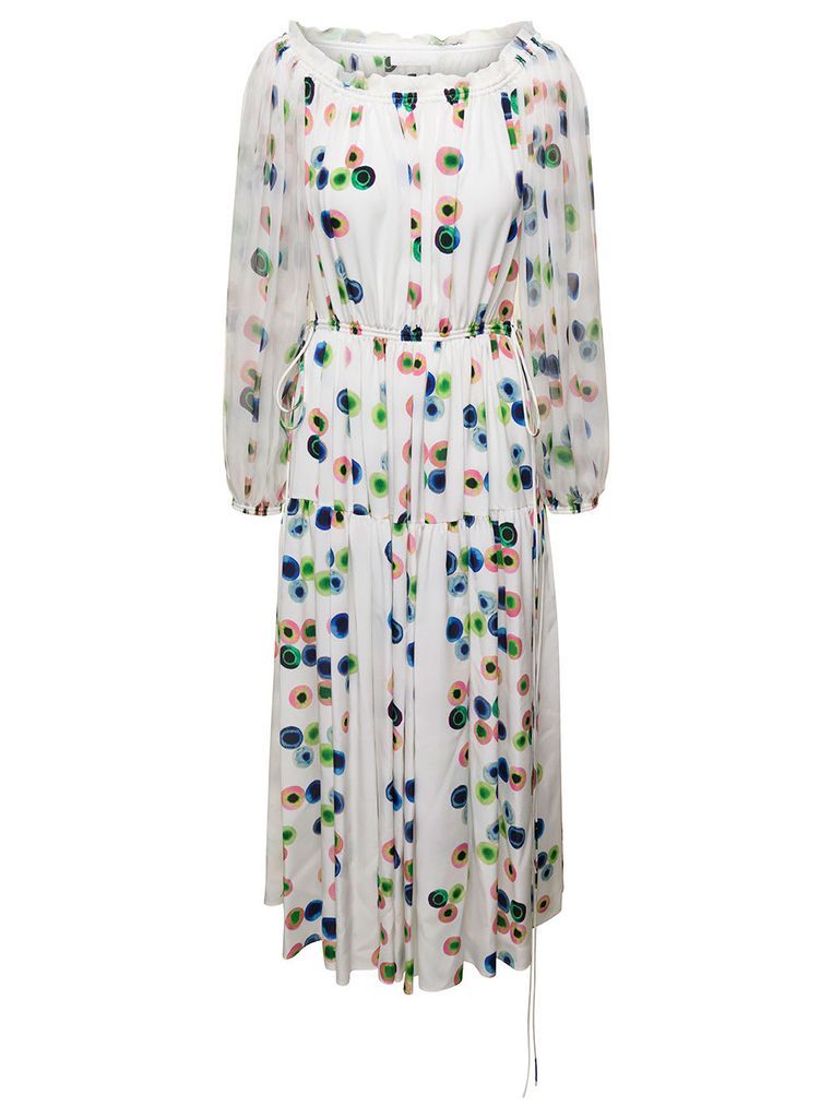 Long White Dress With All-Over Multicolor Print And Drwastring At The Waist Woman