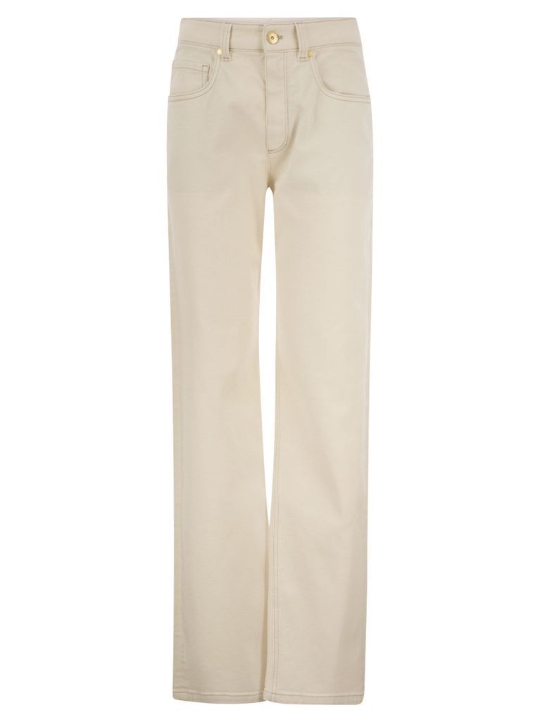 Loose Trousers In Garment-Dyed Comfort Denim With Shiny Tab