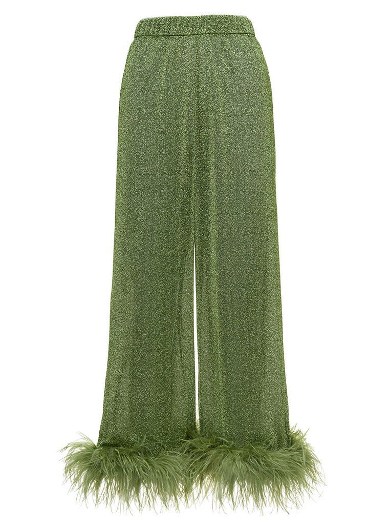 Lumière Green Loose Pants With Feather Trim In Lurex Woman Oséree