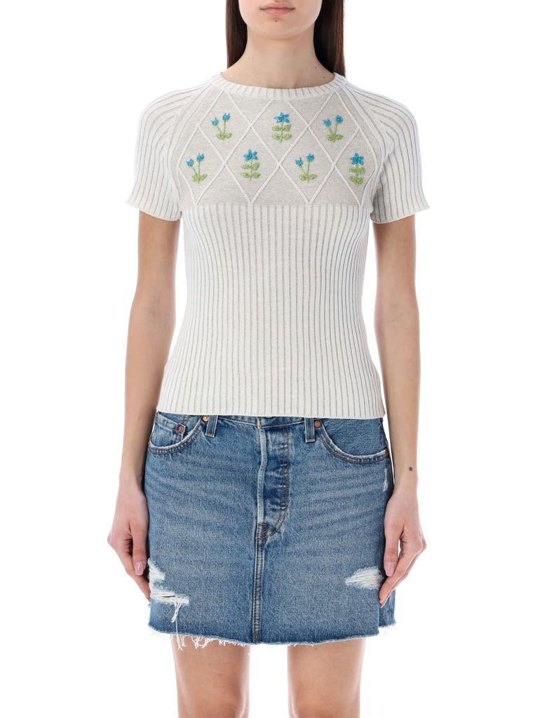 Lurex Short Sleeve Sweater With Embroidery