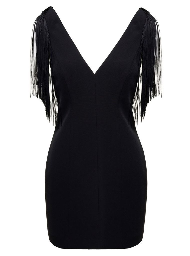 Mini Black Dress With V Neckline And Decorative Fringes In Stretch Crêpe Woman