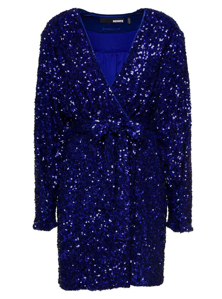 Mini Blue Wrap Dress With All-Over Sequins In Stretch Polyester Woman Rotate