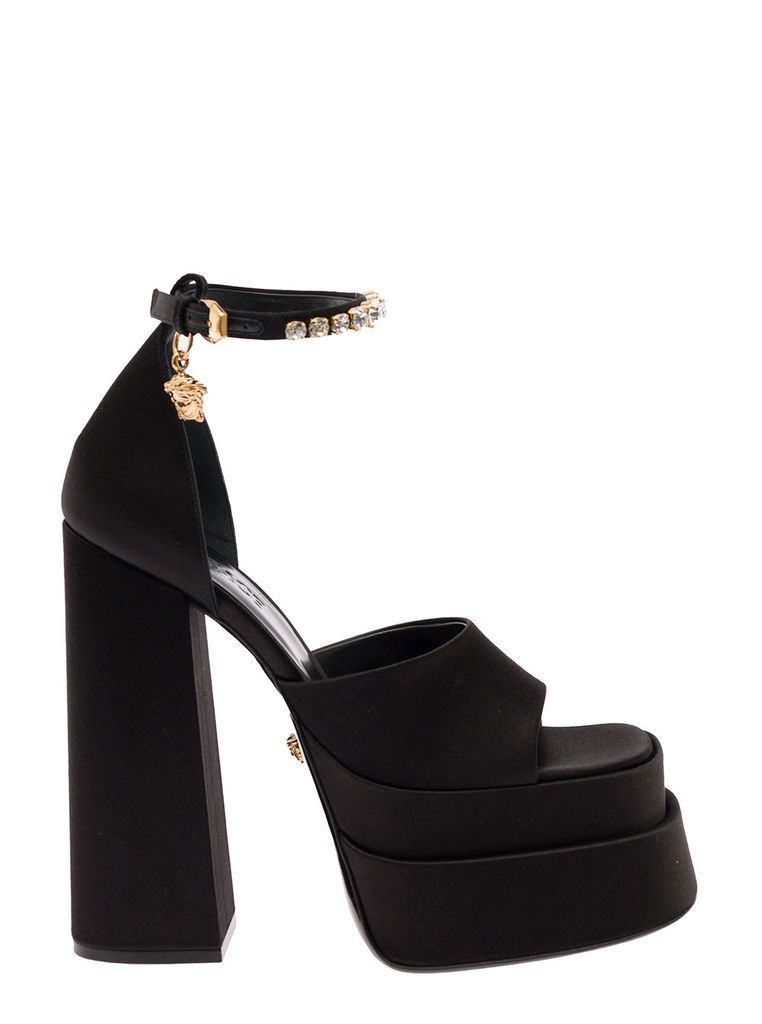 Medusa Aevitas Black Sandals With Double Platform And Embellished Strap In Viscose And Silk Woman Versace