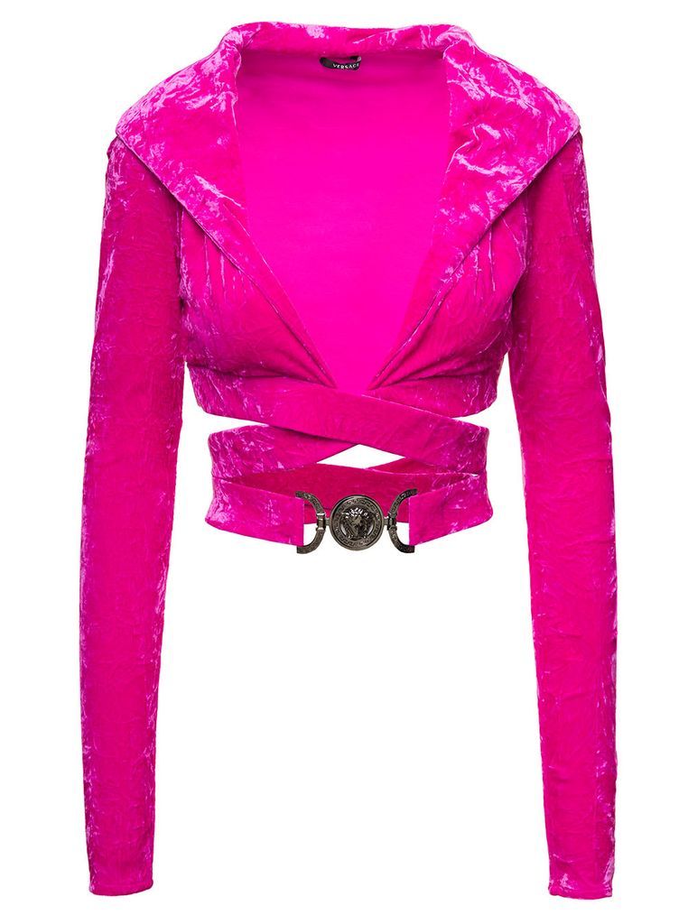 Medusa Biggie Fuchsia Crop Hoodie Top With Criss-Cross Belt In Crushed Velvet Woman