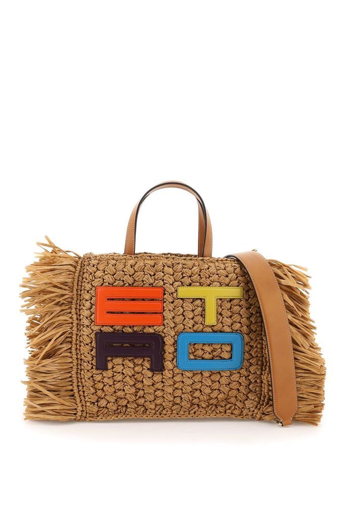 Medium Raffia Shopping Bag With Cube Logo