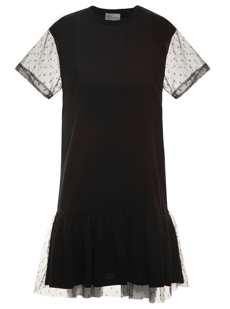 Mini Black Dress With Chiffon Sleeves And Frills In Cotton Woman