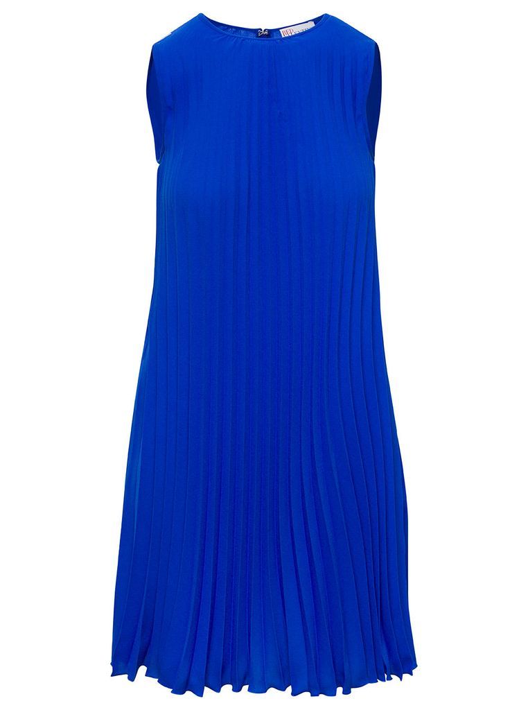 Mini Blue Pleated Sleeveless Dress In Acetate Blend Woman