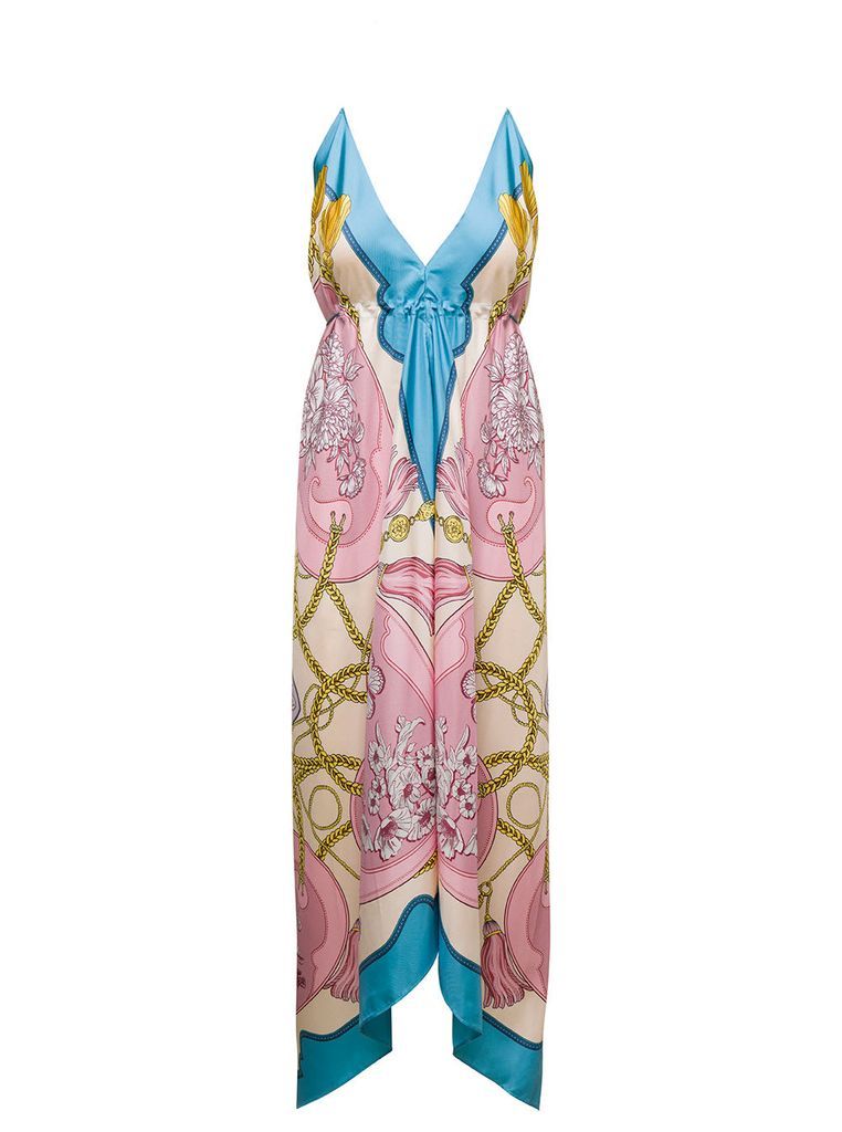 Multicolor Asymmetric Long Dress With Foulard Graphic Print All-Over In Silk Woman