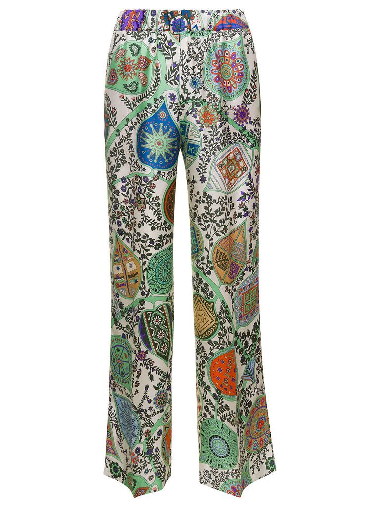 Multicolor Loose Pants With Graphic Print In Silk Woman