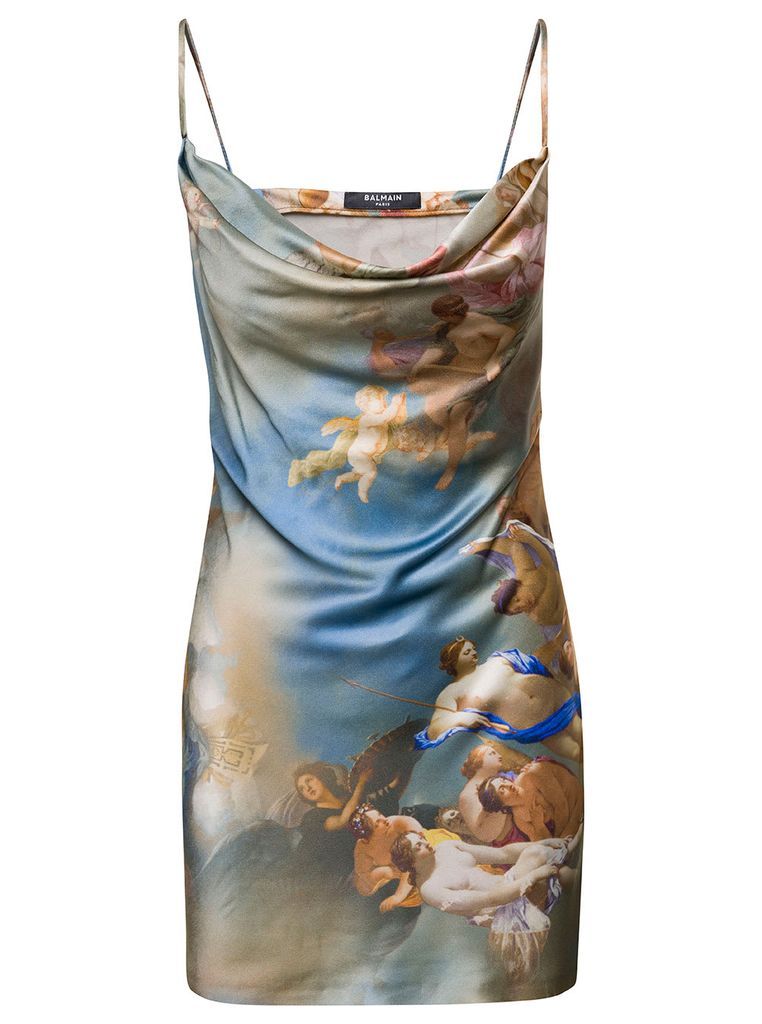 Multicolor Minidress With Draped Detail And Sky-Print All-Over In Viscose Woman
