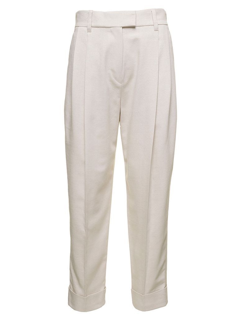 Off-White Loose Pants With Pinces And Turn-Up Detail In Cotton And Viscose Blend Woman Brunello Cucinelli