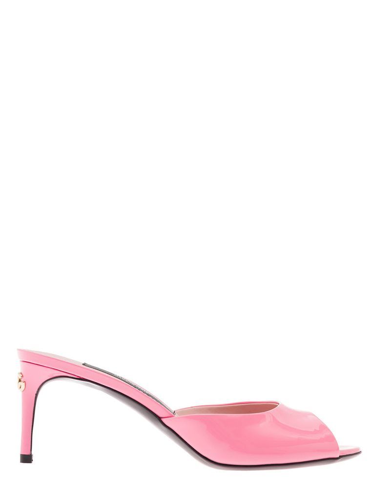 Pink Patent Leather Mules Sandals With Logo Placque Woman