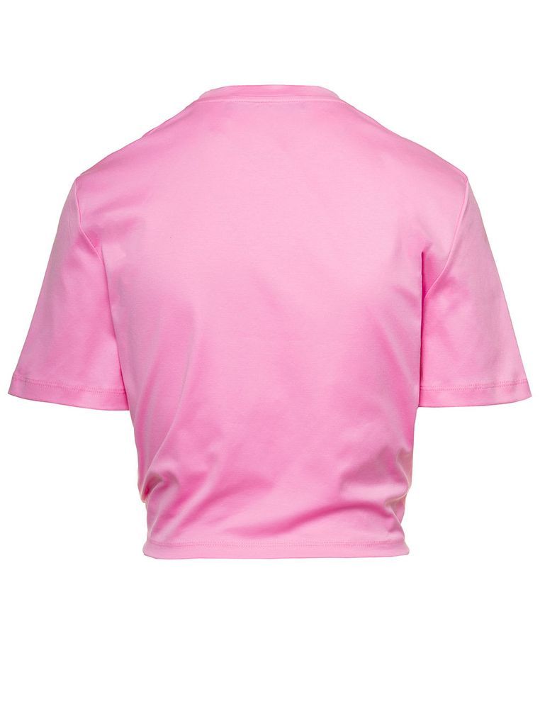 Pink Cropped T-Shirt With Gathered Hemline And Safety Pin In Cotton Woman