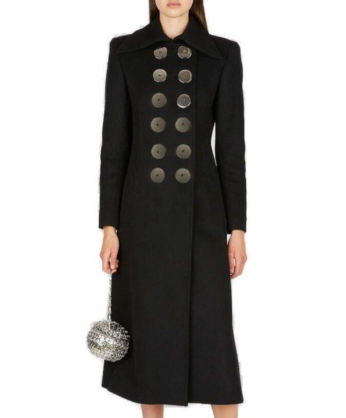 Pointed-Collar Buttoned Coat