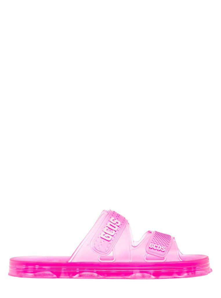 Pink Transparent Open-Toe Slides With Logo Print In Rubber Woman