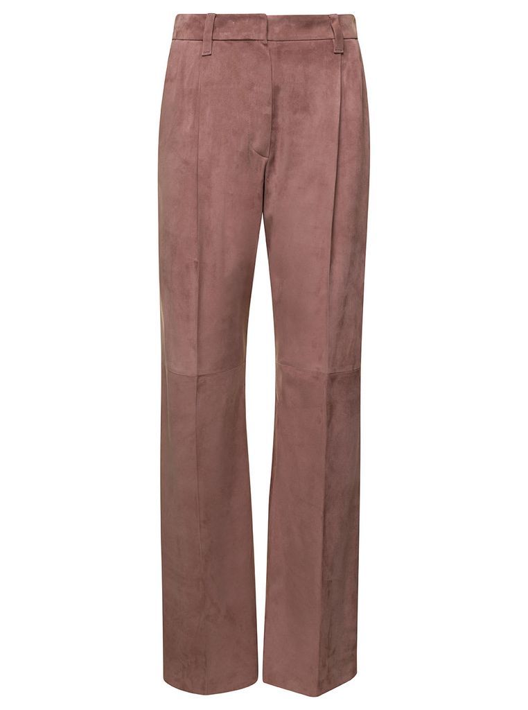Pink Loose Suede Trousers In Calf Leather Woman