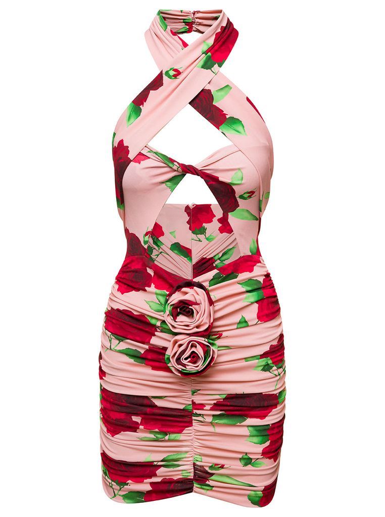 Pink Mini-Dress With Floral Print All-Over In Viscose Woman