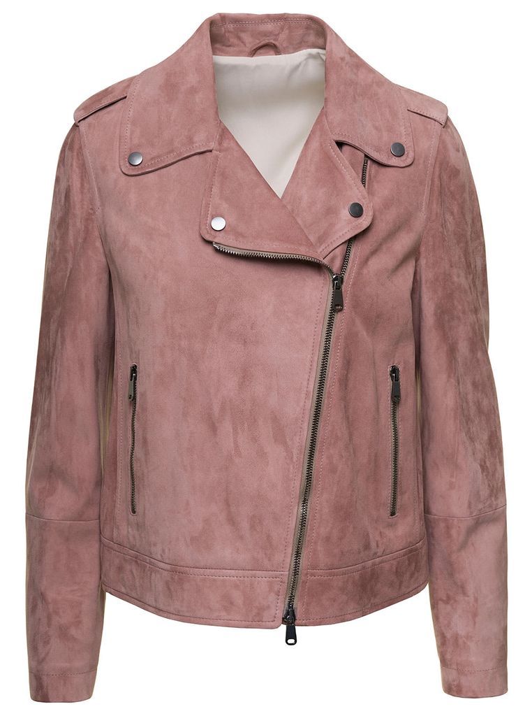 Pink Suede Biker Jacket In Calf Leather Woman