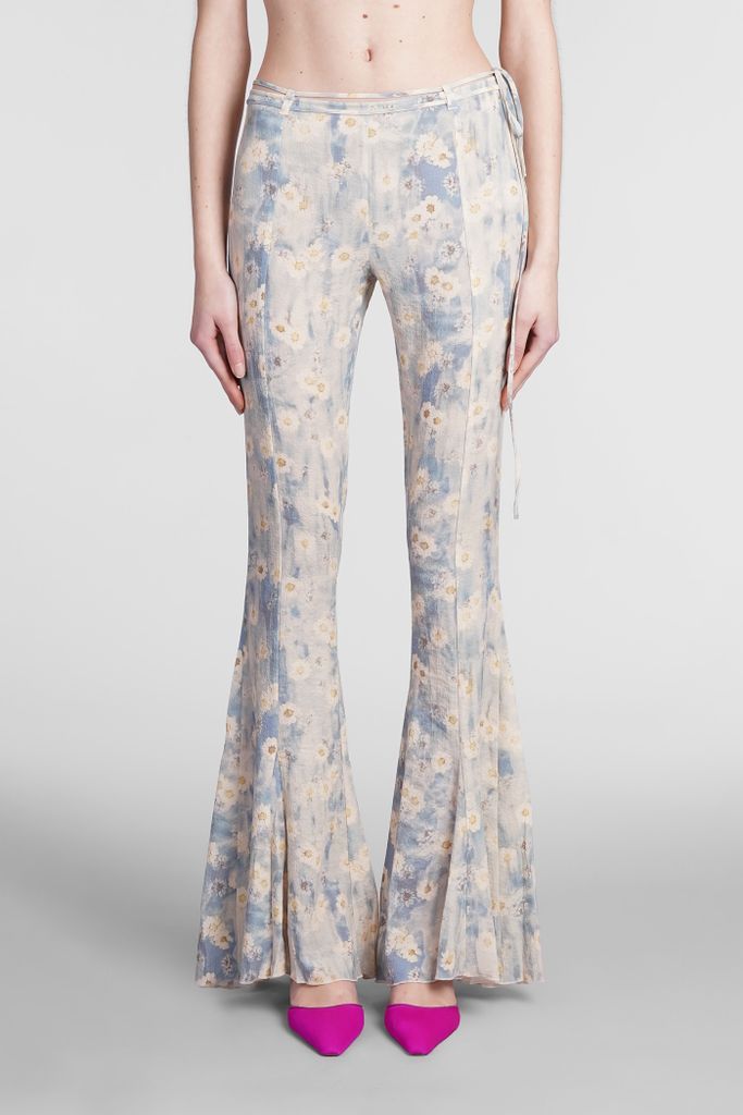 Printed Flowers Pants In Blue Polyester