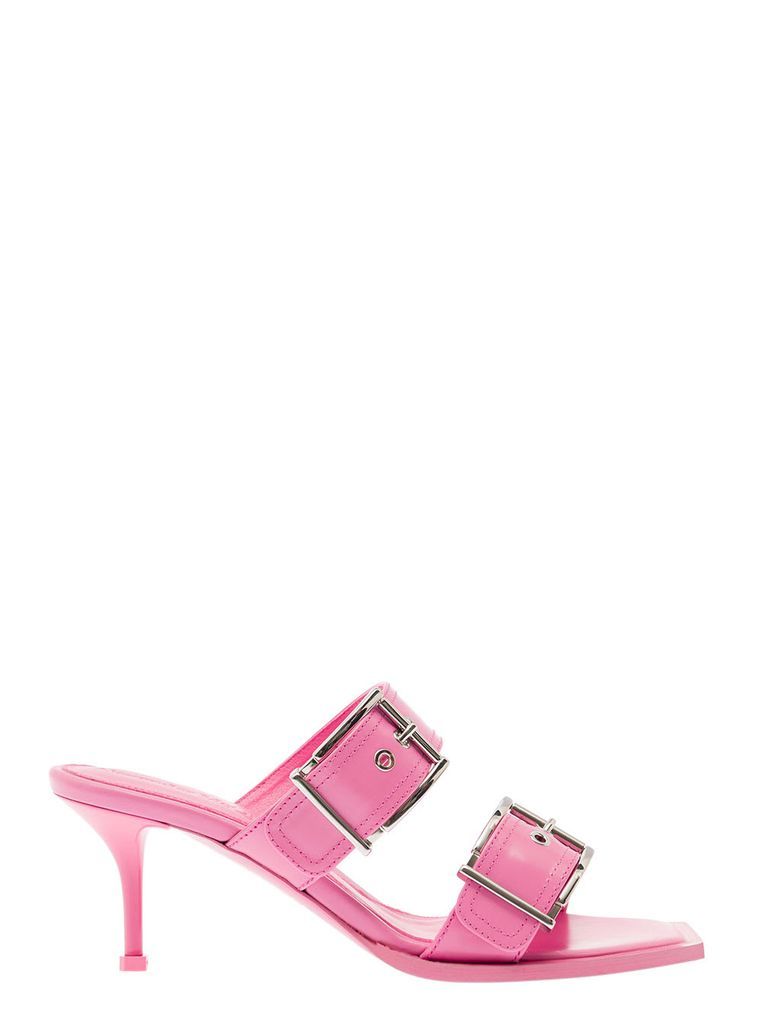 Punk Pink Sandals With Double Strap And Metal Buckles In Leather Woman